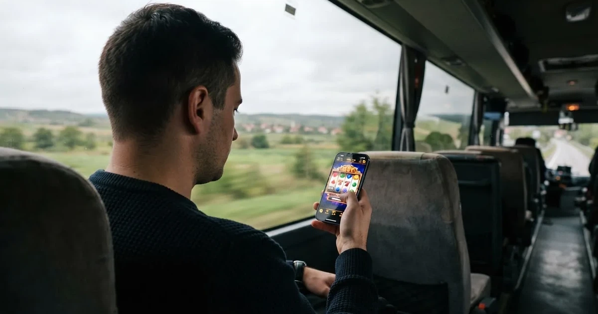 Férfi sötét pulóverben hosszú buszjáraton ül, kezében okostelefon, a kijelző nem látszik, az ablakon át mezők suhannak.