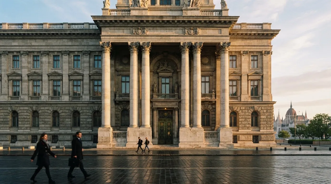 Kőoszlopos, kormányzati jellegű épület homlokzata Budapesten kora reggel, előtte átsétáló emberek, felirat és címer nélkül.
