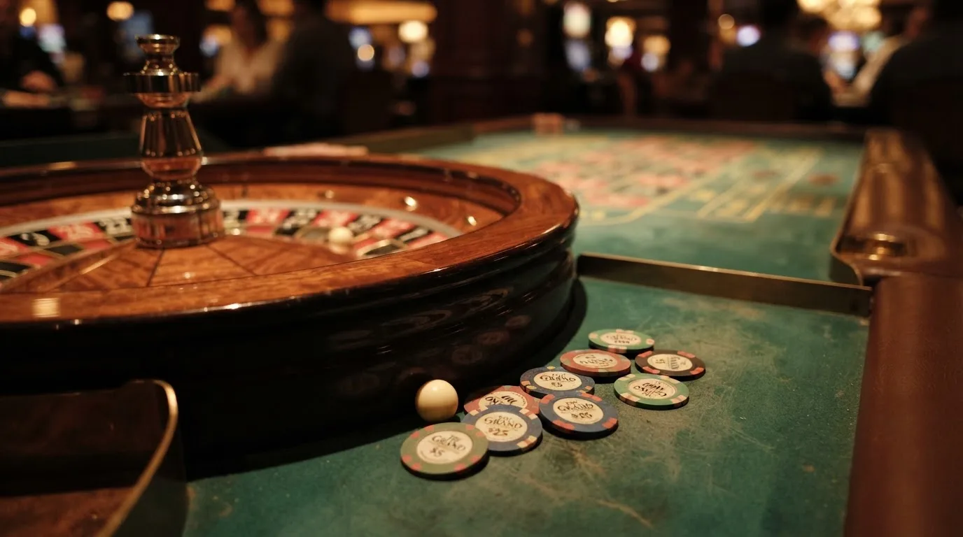 Rulettkerék és zsetonok zöld posztón, meleg esti fényben — blackjack szabályok magyaroknak