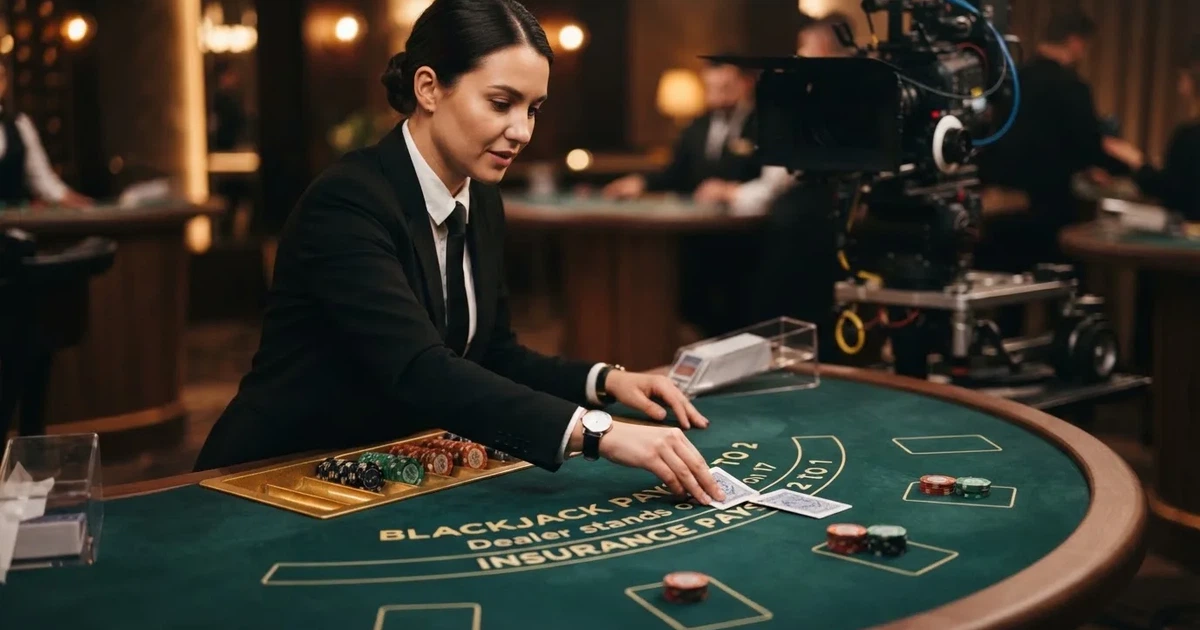 Élő osztó ívelt blackjackasztalnál osztja a lapokat, a lapok lefelé fekszenek, a háttérben stúdió mélységélességgel.