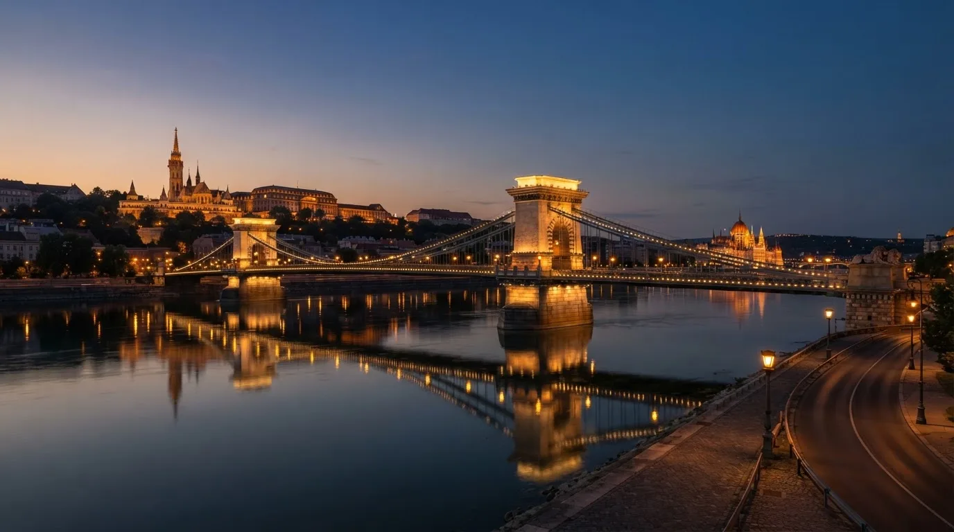 A budapesti Lánchíd esti fényekben a Duna fölött, a háttérben a budai Vár, forgalom nélküli rakpart.