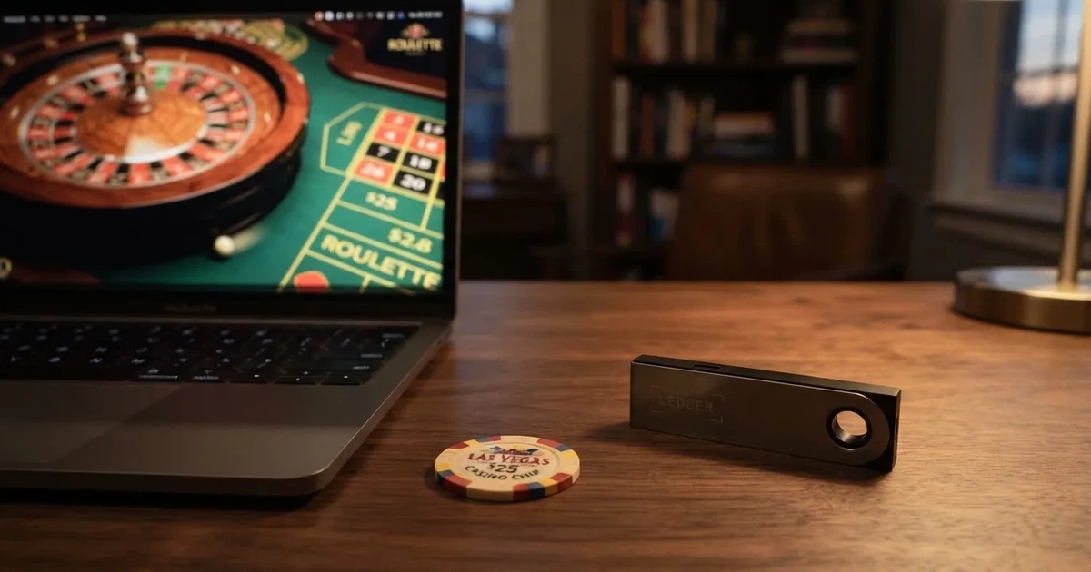 Hardveres tárca és laptop egy íróasztalon, tompa fényben — ethereum kaszinók magyarországon