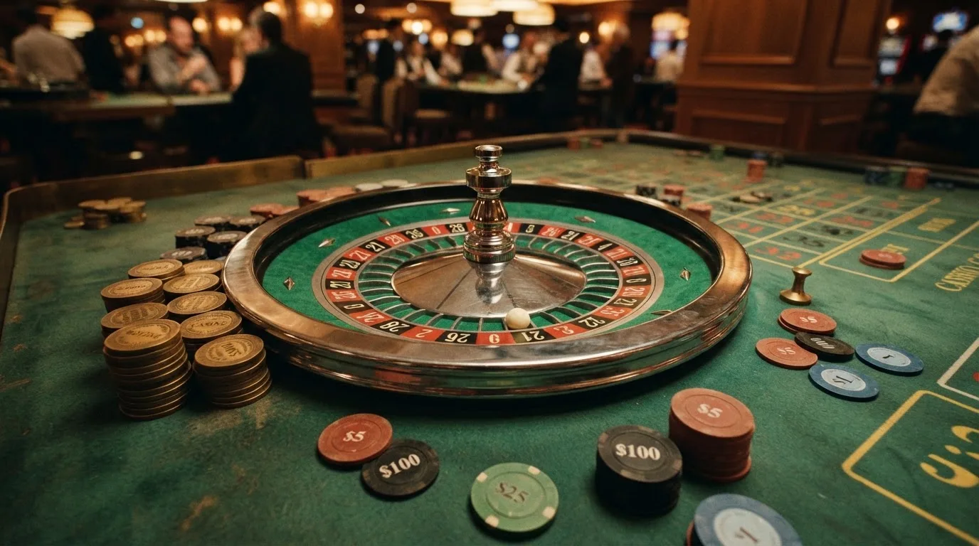 Rulettkerék és zsetonok zöld posztón, meleg esti fényben — high roller kaszinók magyarországon