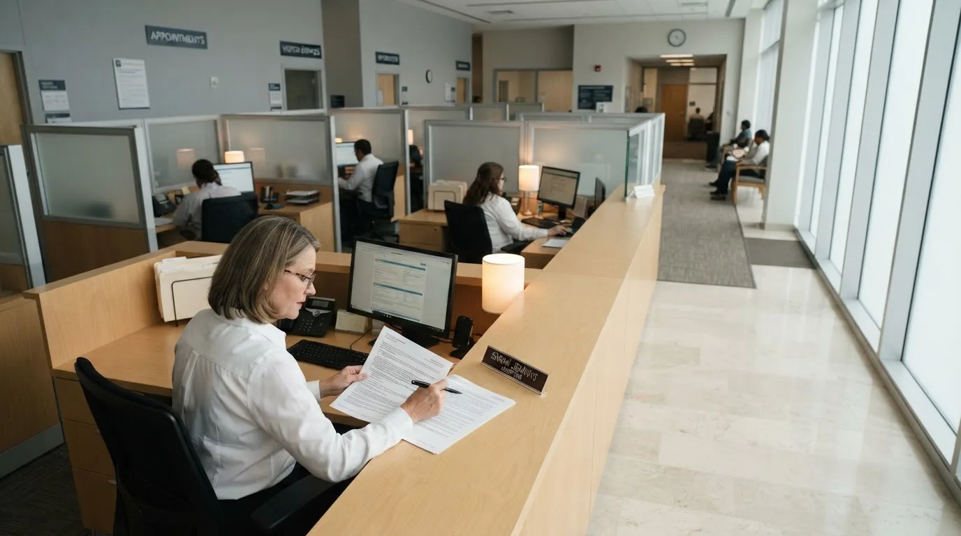 Modern irodában recepciós pult és mögötte dolgozó ügyintéző, nappali fény, nyugodt, hivatalos hangulat, olvasható felirat nélkül.