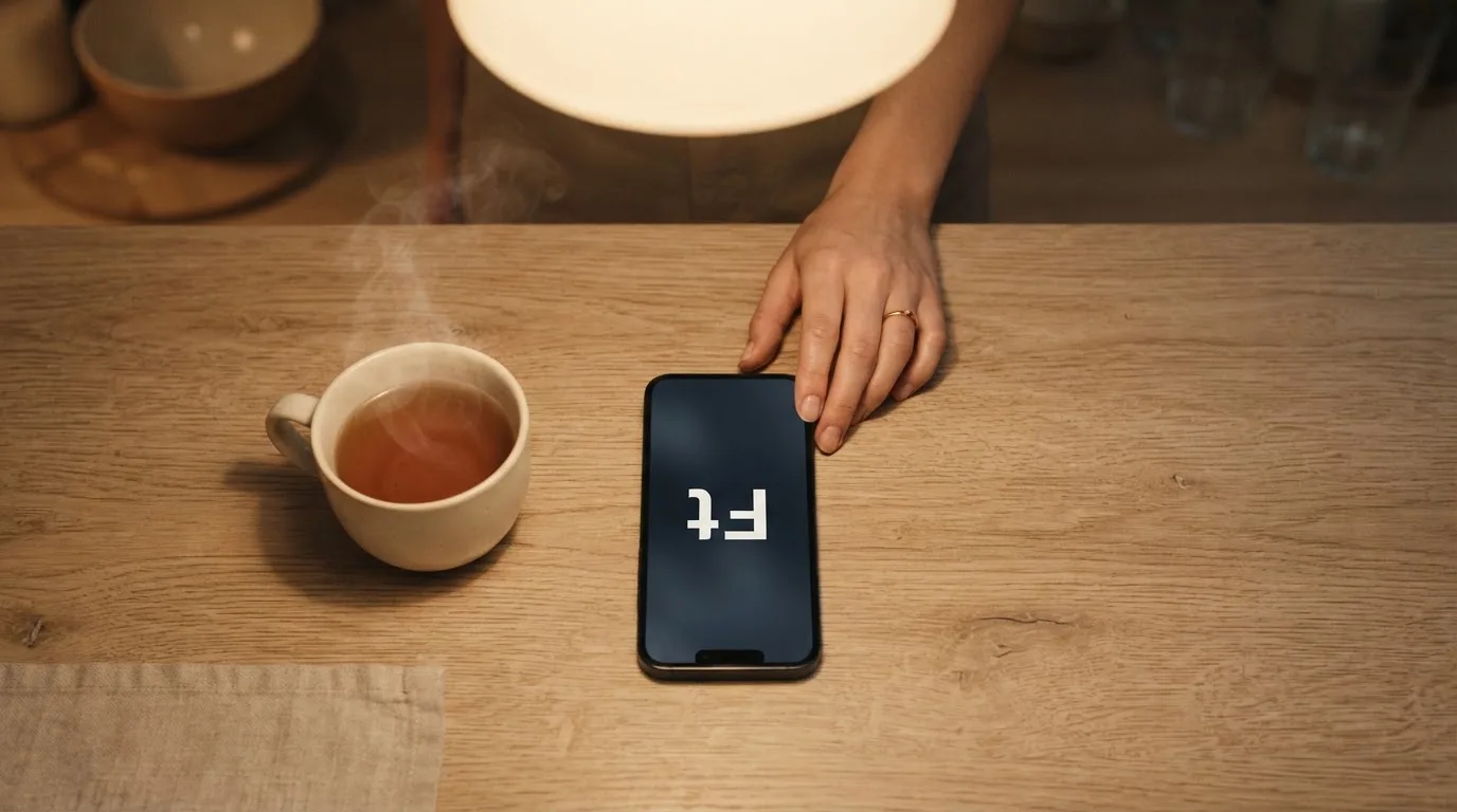 Kéz tart egy mobiltelefont egy csésze tea mellett a konyhaasztalon egy nyugodt estén — kaszinó szerencsejáték magyarországon