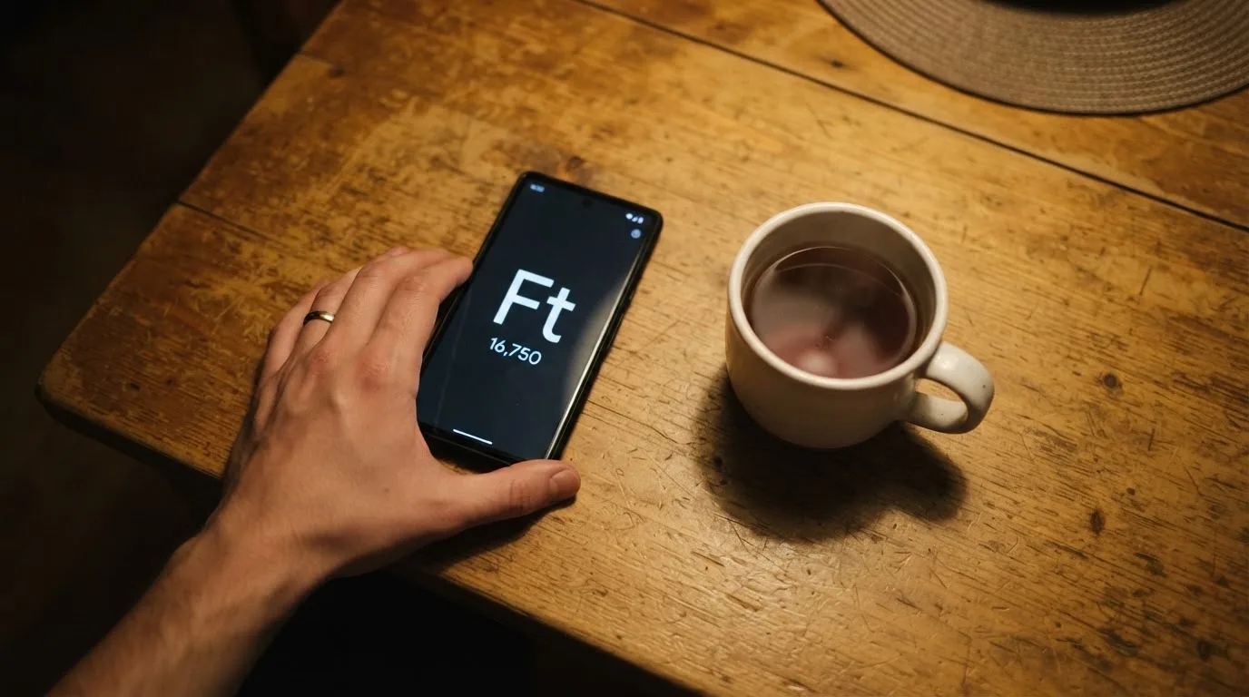 Kéz tart egy mobiltelefont egy csésze tea mellett a konyhaasztalon egy nyugodt estén — külföldi magyar kaszinók