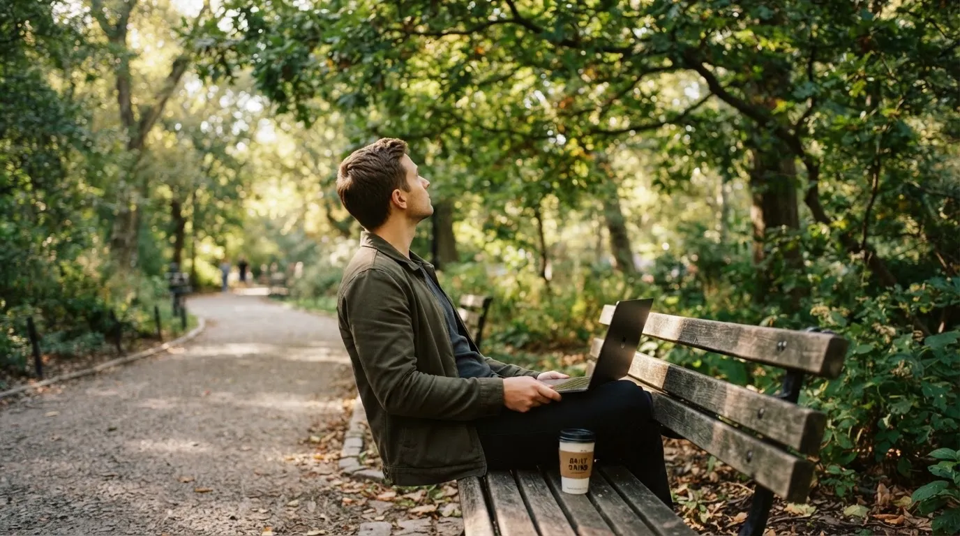 Fiatal férfi parkpadon ül, kezében összecsukott laptop és kávé, nyugodtan szünetet tart, a háttérben fák.