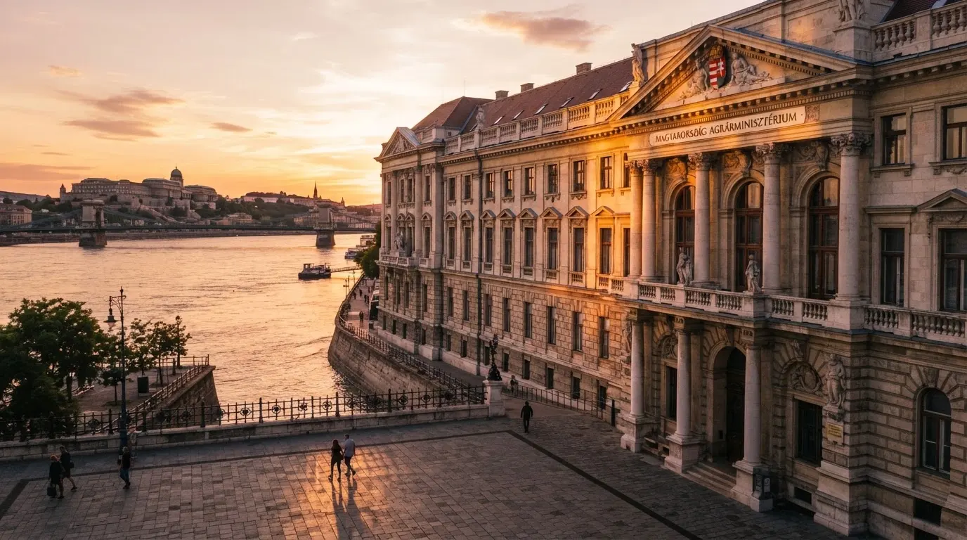Budapesti hivatali épület homlokzata naplementében, a háttérben a Duna, járókelők a rakparton.