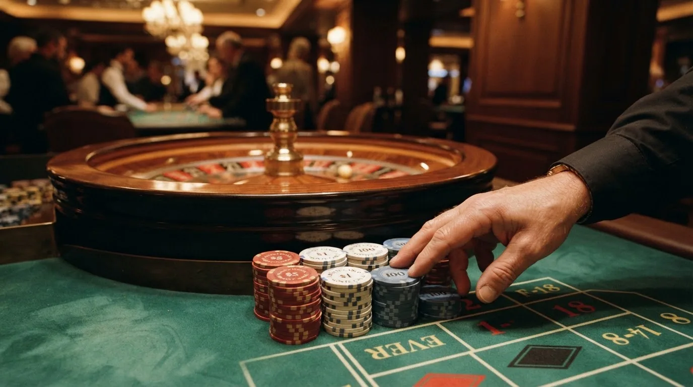 Rulettkerék és zsetonok zöld posztón, meleg esti fényben — magyar kaszinó blackjackkel