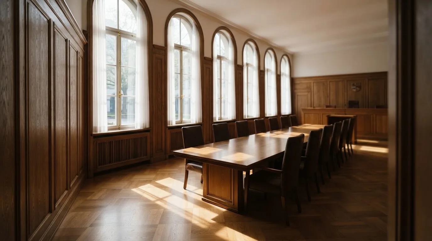 Üres tárgyalóterem faburkolattal, reggeli fényben — magyar kaszinó valódi pénzért