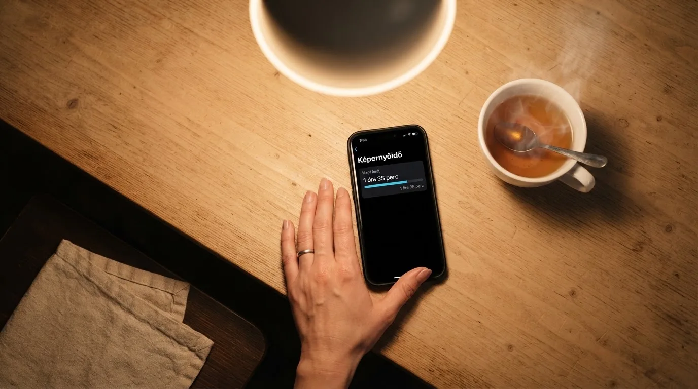Kéz tart egy mobiltelefont egy csésze tea mellett a konyhaasztalon egy nyugodt estén — magyar kaszinó valódi pénzért