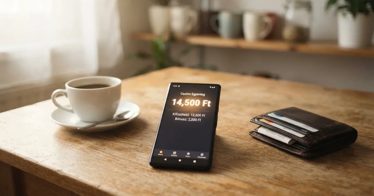 Mobiltelefon egy fa asztalon egy pénztárca és egy csésze kávé mellett — magyar kaszinók kifizetésekkel