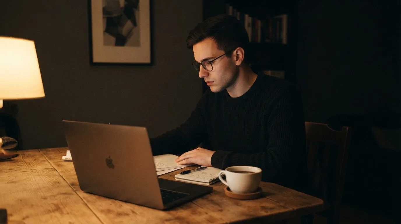Fiatal férfi laptop előtt ül egy esti szobában, a kijelző nem látszik, kávéscsésze az asztalon, koncentrált arc.
