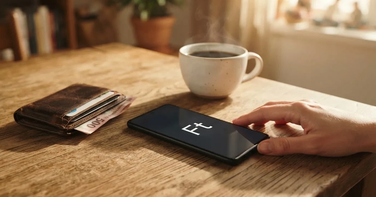 Mobiltelefon egy fa asztalon egy pénztárca és egy csésze kávé mellett — mifinity kaszinók magyarországon