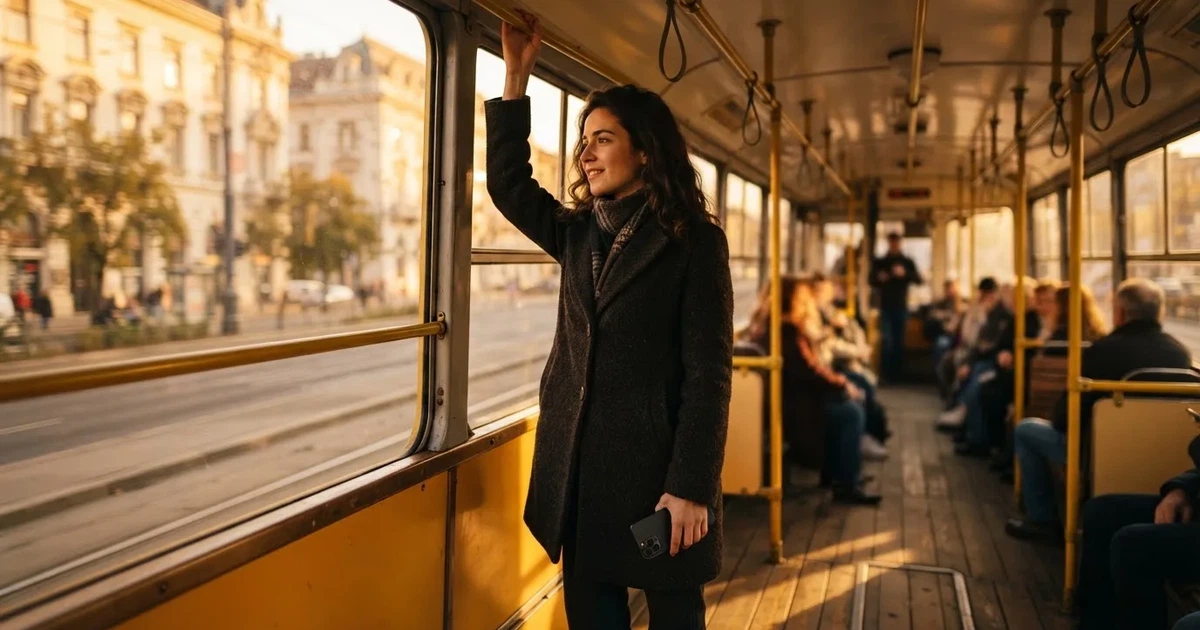 Fiatal nő villamoson áll, egyik kezében okostelefon, a kijelző nem látszik, a háttérben elmosódott budapesti utca.