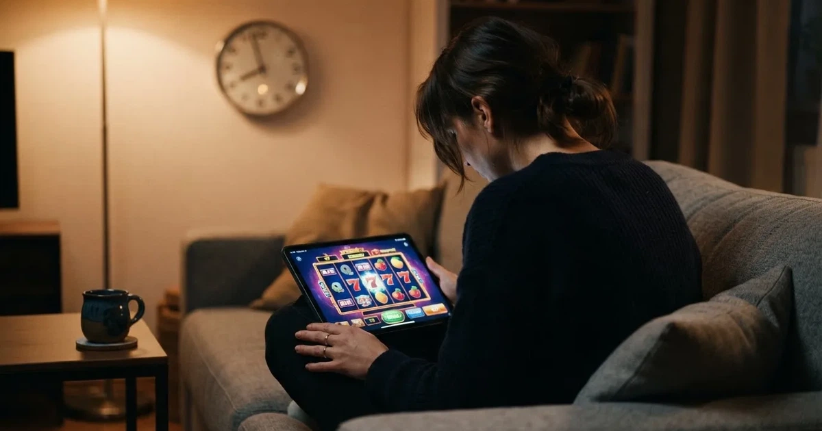 Egy ember a kanapén elgondolkodva néz egy táblagépet, mögötte falióra — online pörgetés magyarországon