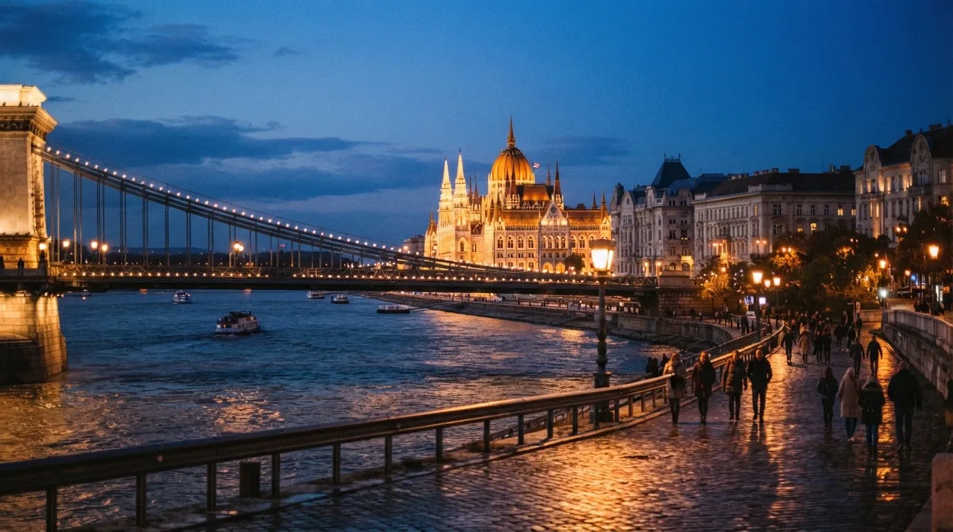 Budapesti belváros esti látképe a Duna-parttal és a Parlament sziluettjével, járókelők a rakparton, megvilágított hivatali épületek.