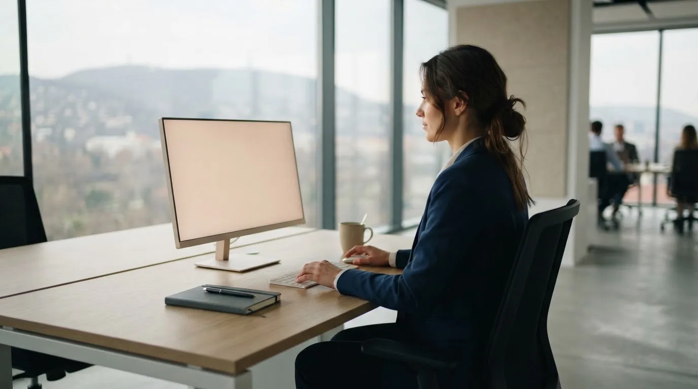 Fiatal női hivatalnok íróasztalnál ül monitor előtt, ablakból budai panoráma, professzionális környezet, a kijelző tartalma nem látszik.