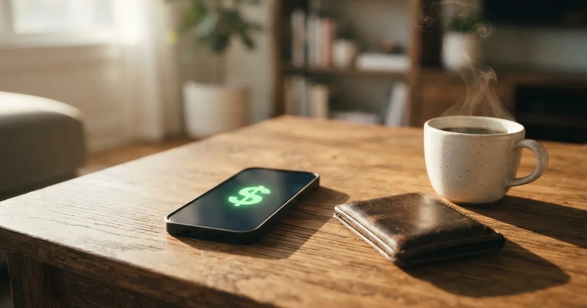 Mobiltelefon egy fa asztalon egy pénztárca és egy csésze kávé mellett — payz kaszinók magyarországon