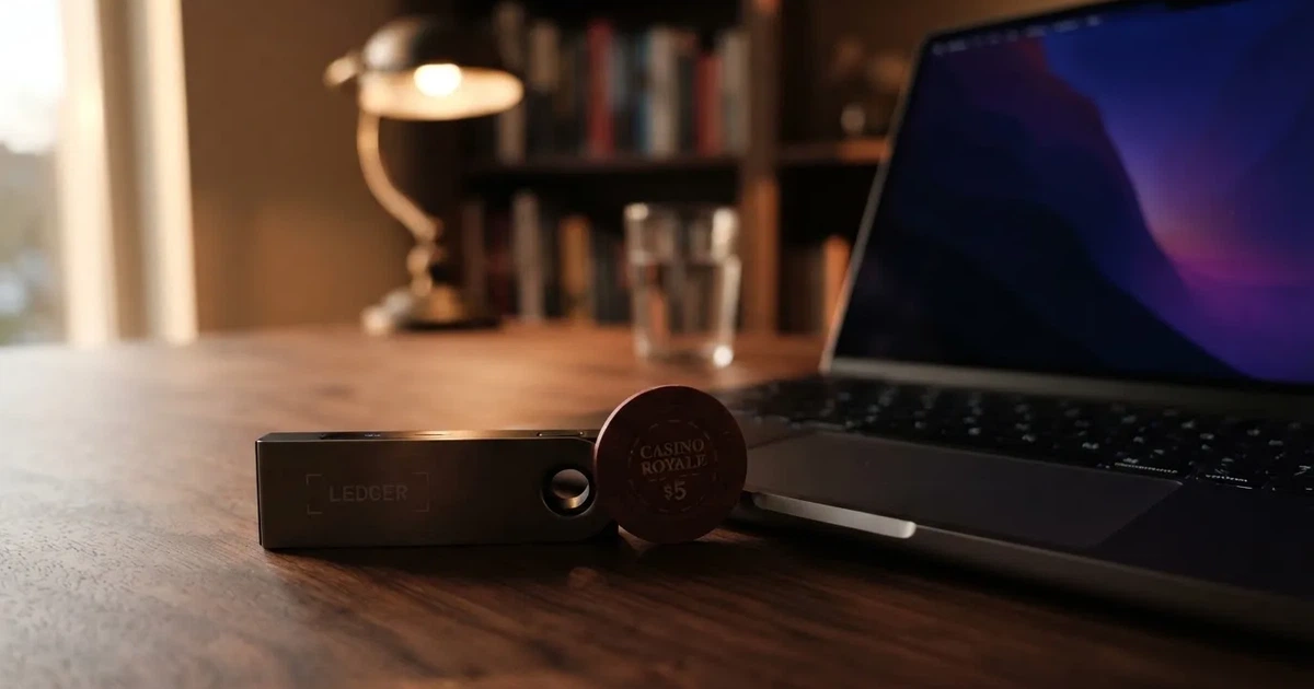 Hardveres tárca és laptop egy íróasztalon, tompa fényben — ripple kaszinók magyarországon