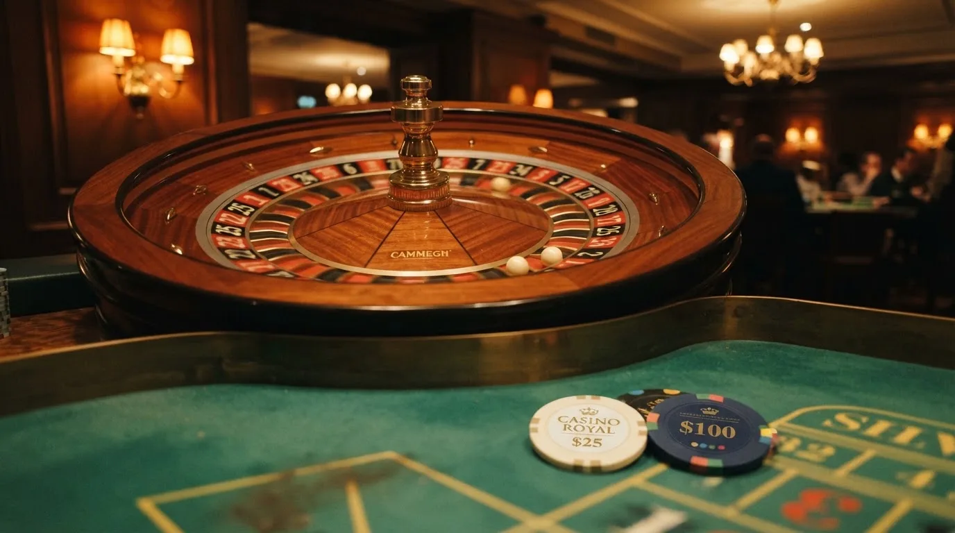 Rulettkerék és zsetonok zöld posztón, meleg esti fényben — slots kaszinó magyarországon