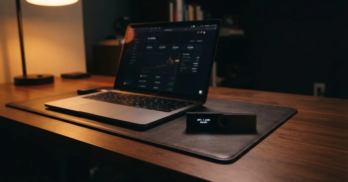 Hardveres tárca és laptop egy íróasztalon, tompa fényben — tron kaszinók magyarországon
